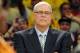 Apr 2, 2013; Los Angeles, CA, USA; Phil Jackson looks on as the jersey of Los Angeles Lakers former player Shaquille O'Neal (not pictured) is retired during a half time ceremony during the game against the Dallas Mavericks at the Staples Center. Mandatory Credit: Jayne Kamin-Oncea-USA TODAY Sports