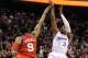Feb 10, 2012; Philadelphia, PA, USA; Los Angeles Clippers guard Chris Paul (3) hits the game winning shot over Philadelphia 76ers forward Andre Iguodala (9) during the fourth quarter at the Wells Fargo Center. The Clippers defeated the Sixers 78-77. Mandatory Credit: Howard Smith-USA TODAY Sports