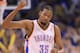 OKLAHOMA CITY, OK - MAY 05: Kevin Durant #35 of the Oklahoma City Thunder celebrates a play against the Memphis Grizzlies during Game One of the Western Conference Semifinals of the 2013 NBA Playoffs at Chesapeake Energy Arena on May 5, 2013 in Oklahoma City, Oklahoma. NOTE TO USER: User expressly acknowledges and agrees that, by downloading and or using this photograph, User is consenting to the terms and conditions of the Getty Images License Agreement. (Photo by Ronald Martinez/Getty Images)