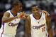 October 17, 2012; Los Angeles, CA, USA; Los Angeles Clippers guard Chris Paul (3) and guard Eric Bledsoe (12) discuss a play in the first half of the game against the Utah Jazz at the Staples Center. Mandatory Credit: Jayne Kamin-Oncea-USA TODAY Sports
