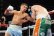 Jun 29, 2013; Mashantucket, CT, USA; Junior middleweights Gennady Golovkin (blue trunks) and Matthew Macklin (green trunks) box during their WBA/IBO bout at Foxwoods Resort and Casino-MGM Grand Theatre. Golovkin won via third round knockout. Mandatory Credit: Joe Camporeale-USA TODAY Sports