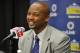 June 25, 2012; Denver, CO, USA; Denver Nuggets head coach Brian Shaw speaks during a press conference held at the Pepsi Center. Mandatory Credit: Ron Chenoy-USA TODAY Sports
