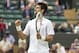 Jul 3, 2013; London, United Kingdom; Novak Djokovic (SRB) celebrates recording match point during his match against Tomas Berdych (CZE) on day nine of the 2013 Wimbledon Championships at the All England Lawn Tennis Club. Mandatory Credit: Susan Mullane-USA TODAY Sports