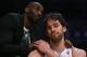 LOS ANGELES, CA - APRIL 28: Pau Gasol #16 of the Los Angeles Lakers is consoled by Kobe Bryant after coming out of the game in the second half against the San Antonio Spurs during Game Four of the Western Conference Quarterfinals of the 2013 NBA Playoffs at Staples Center on April 28, 2013 in Los Angeles, California. The Spurs defeated the Lakers 103-82. NOTE TO USER: User expressly acknowledges and agrees that, by downloading and or using this photograph, User is consenting to the terms and conditions of the Getty Images License Agreement. (Photo by Jeff Gross/Getty Images)thx