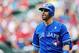 Jun 12, 2013; Arlington, TX, USA; Toronto Blue Jays designated hitter Jose Bautista (19) reacts during the game against the Texas Rangers at Rangers Ballpark in Arlington. Toronto won 7-2. Mandatory Credit: Kevin Jairaj-USA TODAY Sports