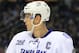 Apr 14, 2013; Buffalo, NY, USA; Tampa Bay Lightning center Vincent Lecavalier (4) during the game against the Buffalo Sabres at the First Niagara Center. Sabres beat the Lightning 3-1. Mandatory Credit: Kevin Hoffman-USA TODAY Sports