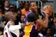 ATLANTA, GA - MARCH 13: Dwight Howard #12 of the Los Angeles Lakers controls the ball against Johan Petro #10 of the Atlanta Hawks at Philips Arena on March 13, 2013 in Atlanta, Georgia. NOTE TO USER: User expressly acknowledges and agrees that, by downloading and or using this photograph, User is consenting to the terms and conditions of the Getty Images License Agreement. (Photo by Kevin C. Cox/Getty Images)