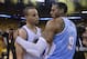 May 2, 2013; Oakland, CA, USA; Denver Nuggets shooting guard Andre Iguodala (9) congratulates Golden State Warriors point guard Stephen Curry (30) game six of the first round of the 2013 NBA Playoffs at Oracle Arena. The Warriors defeated the Nuggets 92-88. Mandatory Credit: Kyle Terada-USA TODAY Sports