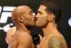 Jul 5, 2013; Las Vegas, NV, USA; Anderson Silva (left) faces off with Chris Weidman at today's weighs-in for their UFC fight at the Mandalay Bay Event Center. Silva takes on Weidman at the MGM Grand Garden Arena July 6. Mandatory Credit: Jayne Kamin-Oncea-USA TODAY Sports