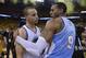 May 2, 2013; Oakland, CA, USA; Denver Nuggets shooting guard Andre Iguodala (9) congratulates Golden State Warriors point guard Stephen Curry (30) game six of the first round of the 2013 NBA Playoffs at Oracle Arena. The Warriors defeated the Nuggets 92-88. Mandatory Credit: Kyle Terada-USA TODAY Sports