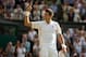 Jul 5, 2013; London, United Kingdom; Novak Djokovic (SRB) celebrates recording match point during his match against Juan Martin Del Potro (ARG) (not pictured) on day 11 of the 2013 Wimbledon Championships at the All England Lawn Tennis Club. Djokovic won 7-5, 4-6, 7-6 (2), 6-7 (6), 6-3. Mandatory Credit: Susan Mullane-USA TODAY Sports