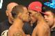 Jul 5, 2013; Las Vegas, NV, USA; Frankie Edgar (left) and Charles Oliveira face off during the weigh-in for their UFC fight at the Mandalay Bay Event Center. Edgar takes on Oliveira at the MGM Grand Garden Arena July 6 Mandatory Credit: Jayne Kamin-Oncea-USA TODAY Sports