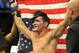 Jul 6, 2013; Las Vegas, NV, USA; Chris Weidman celebrates after defeating Anderson Silva in their Middleweight Chamionship Bout in the second round with a TKO at the MGM Grand Garden Arena. Mandatory Credit: Jayne Kamin-Oncea-USA TODAY Sports