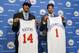 Jun 28, 2013; Philadelphia, PA, USA; Philadelphia 76ers forward Arsalan Kazemi (14) and point guard Michael Carter-Williams (1) hold up their jersey's after press conference at Philadelphia College of Osteopathic Medicine. Carter-Wlliams was drafted 11th overall and Kazemi was the 54th pick in the NBA Draft. Mandatory Credit: Eric Hartline-USA TODAY Sports
