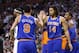 Mar 26, 2013; Boston, MA, USA; New York Knicks point guard Pablo Prigioni (9) and small forward Chris Copeland (14) celebrate against the Boston Celtics during the first half at TD Garden. Mandatory Credit: Mark L. Baer-USA TODAY Sports