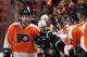 PHILADELPHIA, PA - MARCH 10: Braydon Coburn #5 of the Philadelphia Flyers celebrates a teammates goal in the first period against the Buffalo Sabres on March 10, 2013 at the Wells Fargo Center in Philadelphia, Pennsylvania. (Photo by Elsa/Getty Images)
