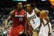 Apr 28, 2013; Milwaukee, WI, USA; Milwaukee Bucks guard Brandon Jennings drives for the basket against Miami Heat guard Mario Chalmers in game four of the first round of the 2013 NBA playoffs at the BMO Harris Bradley Center. Mandatory Credit: Benny Sieu-USA TODAY Sports