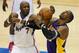 January 4, 2013; Los Angeles, CA, USA; Los Angeles Clippers power forward Lamar Odom (7) and Los Angeles Lakers center Dwight Howard (12) go for the ball during the game at the Staples Center. Clippers won 107-102. Mandatory Credit: Jayne Kamin-Oncea-USA TODAY Sports