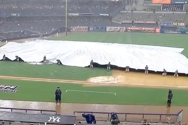 Yankees Grounds Crew Can't Get Tarp on Infield Because of All the Rain