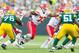 Aug 30, 2012; Green Bay, WI, USA; Kansas City Chiefs guard Jon Asamoah (73) during the game against the Green Bay Packers at Lambeau Field. The Packers defeated the Chiefs 24-3. Mandatory Credit: Jeff Hanisch-USA TODAY Sports