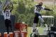 May 29, 2013; Cincinnati, OH, USA; Cincinnati Bengals wide receivers Tyrone Goard (17) and A.J. Green (18) go up for a pass during organized team activities at Paul Brown Stadium. Mandatory Credit: David Kohl-USA TODAY Sports