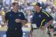 January 1,2013; Tampa, FL, USA; Michigan Wolverines head coach Brady Hoke talks with defensive coordinator Greg Mattison against the South Carolina Gamecocks during the first half of the 2013 Outback Bowl at Raymond James Stadium. Mandatory Credit: Kim Klement-USA TODAY Sports