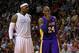 MIAMI, FL - FEBRUARY 10: Kobe Bryant #24 of the Los Angeles Lakers and LeBron James #6 of the Miami Heat plead with a referee during a game at American Airlines Arena on February 10, 2013 in Miami, Florida. (Photo by Mike Ehrmann/Getty Images)