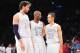 December 25, 2012; Los Angeles, CA, USA; Los Angeles Lakers power forward Pau Gasol (16), shooting guard Kobe Bryant (24) and point guard Steve Nash (10) react during a stoppage in play against the New York Knicks during the second half at Staples Center. Mandatory Credit: Gary A. Vasquez-USA TODAY Sports