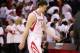 Apr 27, 2013; Houston, TX, USA; Houston Rockets center Omer Asik (3) reacts after losing to the Oklahoma City Thunder 104-101 in game three of the first round of the 2013 NBA playoffs at the Toyota Center. Mandatory Credit: Troy Taormina-USA TODAY Sports