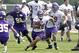 Jul 27, 2012; Mankato, MN, USA; Minnesota Vikings running back Lex Hilliard (38) runs away from defensive end D'Aundre Reed (91) and tackle Patrick Brown (79) at training camp at Blakeslee Stadium at Minnesota State University, Mankato. Mandatory Credit: Bruce Kluckhohn-USA TODAY Sports