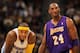 DENVER - NOVEMBER 11: Kobe Bryant #24 of the Los Angeles Lakers and Carmelo Anthony #15 of the Denver Nuggets look on during a break in the action at the Pepsi Center on November 11, 2010 in Denver, Colorado. The Nuggets defeated the Lakers 118-112. NOTE TO USER: User expressly acknowledges and agrees that, by downloading and/or using this Photograph, User is consenting to the terms and conditions of the Getty Images License Agreement. (Photo by Doug Pensinger/Getty Images)