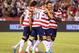 SAN DIEGO, CA - JULY 05: (L-R) Mix Diskerud #8, Landon Donovan #10, Herculez Gomez #9 and DaMarcus Beasley #7 of the USA celebrate Donovan's goal against Guatemala in the second half at Qualcomm Stadium on July 5, 2013 in San Diego, California. The USA defeated Guatemala 6-0. (Photo by Jeff Gross/Getty Images)