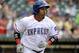 Jul 7, 2013; Round Rock, TX, USA; Round Rock Express designated hitter Manny Ramirez (99) heads to first on a single off the first pitch in the bottom of the second inning against the Omaha Storm Chasers at the Dell Diamond. Mandatory Credit: Brendan Maloney-USA TODAY Sports