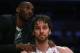 LOS ANGELES, CA - APRIL 28: Pau Gasol #16 of the Los Angeles Lakers is consoled by Kobe Bryant after coming out of the game in the second half against the San Antonio Spurs during Game Four of the Western Conference Quarterfinals of the 2013 NBA Playoffs at Staples Center on April 28, 2013 in Los Angeles, California. The Spurs defeated the Lakers 103-82. NOTE TO USER: User expressly acknowledges and agrees that, by downloading and or using this photograph, User is consenting to the terms and conditions of the Getty Images License Agreement. (Photo by Jeff Gross/Getty Images)