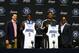Jun 28, 2013; Orlando, FL, USA; Orlando Magic general manager Rob Hennigan (left), first round draft pick Victor Oladipo, second round draft pick Romero Osby and head coach Jacque Vaughn (right) pose for a photo during a press conference at the Amway Center. Mandatory Credit: Douglas Jones-USA TODAY Sports