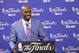 Jun 9, 2013; Miami, FL, USA; Chauncey Billups wins inaugural Twyman-Stokes Teammate of the Year Award trophy honoring best teammate in the NBA during a press conference prior to game two of the 2013 NBA Finals at American Airlines Arena. Mandatory Credit: Derick E. Hingle-USA TODAY Sports