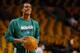 BOSTON, MA - APRIL 3: Rajon Rondo #9 of the Boston Celtics practices shooting prior to a game against the Detroit Pistons on April 3, 2013 at TD Garden in Boston, Massachusetts. Rondo, who is out for the remainder of the season, underwent ACL surgery in February. NOTE TO USER: User expressly acknowledges and agrees that, by downloading and or using this photograph, User is consenting to the terms and conditions of the Getty Images License Agreement. (Photo by Jared Wickerham/Getty Images)