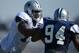Aug 15, 2012; Oxnard, CA, USA; Dallas Cowboys tackle Tyron Smith (77) and linebacker DeMarcus Ware (94) at training camp at the River Ridge Fields. Mandatory Credit: Kirby Lee/Image of Sport-USA TODAY Sports