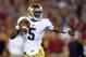 Nov 24, 2012; Los Angeles, CA, USA; Notre Dame Fighting Irish quarterback Everett Golson (5) throws a pass against the Southern California Trojans at the Los Angeles Memorial Coliseum. Mandatory Credit: Kirby Lee/Image of Sport-USA TODAY Sports
