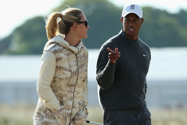 2013 Open Championship: Lindsey Vonn Walks Practice Round with Tiger Woods