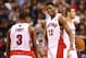Feb 22, 2013; Toronto, ON, Canada; Toronto Raptors forward Rudy Gay (22) talks to point guard Kyle Lowry (3) during their game against the New York Knicks at the Air Canada Centre. The Raptors beat the Knicks 100-98. Mandatory Credit: Tom Szczerbowski-USA TODAY Sports