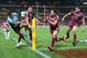 BRISBANE, AUSTRALIA - JUNE 26: Nathan Merritt of the Blues is tackled into touch by Darius Boyd and Billy Slater of the Maroons during game two of the ARL State of Origin series between the Queensland Maroons and the New South Wales Blues at Suncorp Stadium on June 26, 2013 in Brisbane, Australia. (Photo by Mark Kolbe/Getty Images)
Darius Boyd and Billy Slater