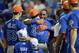 Jul 15, 2013; Flushing , NY, USA; American League player Yoenis Cespedes (facing forward) of the Oakland Athletics celebrates with pitcher Bartolo Colon (40) in the final round of the Home Run Derby in advance of the 2013 All Star Game at Citi Field. Mandatory Credit: Robert Deutsch-USA TODAY Sports