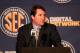 Jul 16, 2013; Hoover, AL, USA; Florida Gators head coach Will Muschamp talks with the media during the 2013 SEC football media days at the Hyatt Regency. Mandatory Credit: Marvin Gentry-USA TODAY Sports