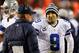 LANDOVER, MD - DECEMBER 30: Head coach Jason Garrett talks to Tony Romo #9 of the Dallas Cowboys after they failed to convert on a third down against the Washington Redskins at FedExField on December 30, 2012 in Landover, Maryland. (Photo by Rob Carr/Getty Images)