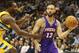 April 17, 2013; Denver, CO, USA; Phoenix Suns guard Kendall Marshall (12) drives to the basket during the second half against the Denver Nuggets at the Pepsi Center. The Nuggets won 118-98. Mandatory Credit: Chris Humphreys-USA TODAY Sports
