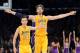 LOS ANGELES, CA - DECEMBER 28: Pau Gasol #16 of the Los Angeles Lakers celebrates his three pointer with Steve Nash #10 during the game against the Portland Trail Blazers at Staples Center on December 28, 2012 in Los Angeles, California. NOTE TO USER: User expressly acknowledges and agrees that, by downloading and or using this photograph, User is consenting to the terms and conditions of the Getty Images License Agreement. (Photo by Harry How/Getty Images)
