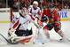 Sept 23, 2011; Chicago, IL, USA; Washington Capitals goalie Tomas Vokoun (29) and Chicago Blackhawks center Jonathan Toews (19) look for a loose puck during the second period at the United Center. Mandatory Credit: Rob Grabowski-USA TODAY Sports