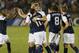 Jul 16, 2013; Hartford, CT, USA; USA player Brek Shea (23) is congratulated by his teammates after scoring a goal against Costa Rica during the second half at Rentschler Field. Team USA defeated Costa Rica 1-0. Mandatory Credit: David Butler II-USA TODAY Sports