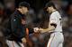 SAN FRANCISCO, CA - JULY 23: Manager Bruce Bochy #15 of the San Francisco Giants takes the ball from pitcher Barry Zito #75 taking him out of the game in the fifth inning against the Cincinnati Reds at AT&T Park on July 23, 2013 in San Francisco, California. (Photo by Thearon W. Henderson/Getty Images)